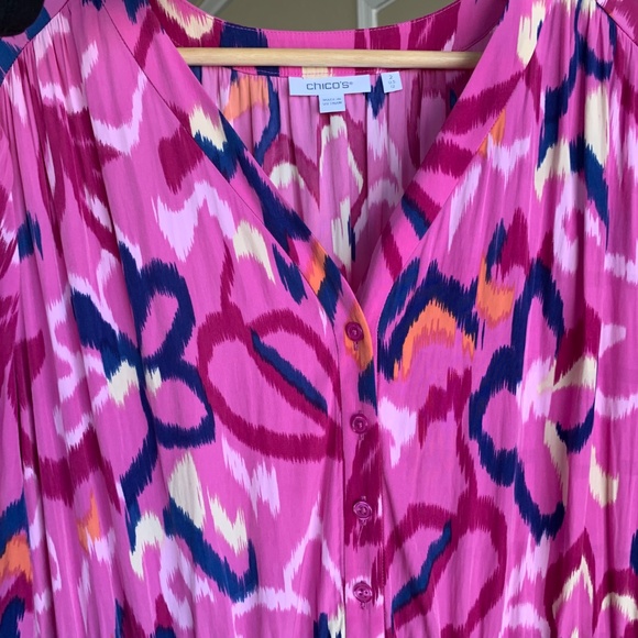 Chico's Pink Artsy Print Tiered Maxi Dress Sz.2 or 12 V- neck LS Lined Colorful - Picture 11 of 13